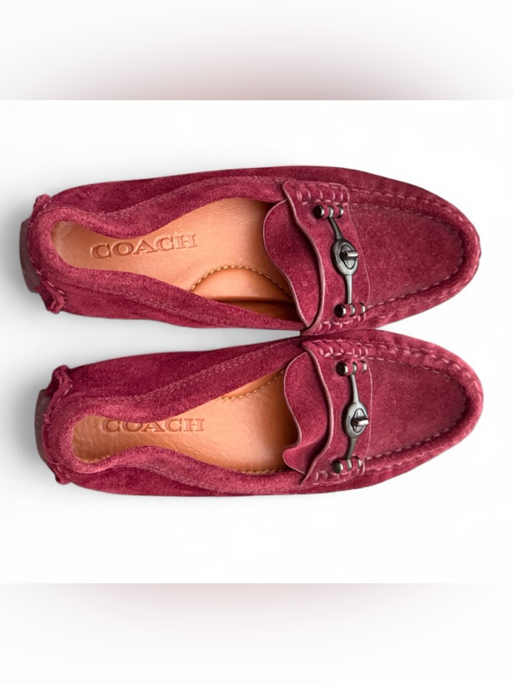 Coach Women's Red Suede Moccasin Loafers with Metal Bit